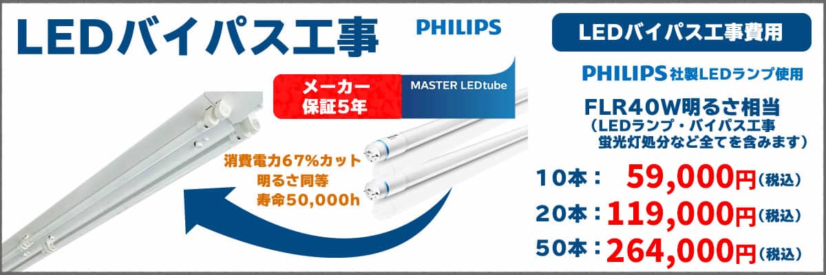 工場・店舗・事務所・倉庫照明のLEDバイパス工事費用とイメージ画像