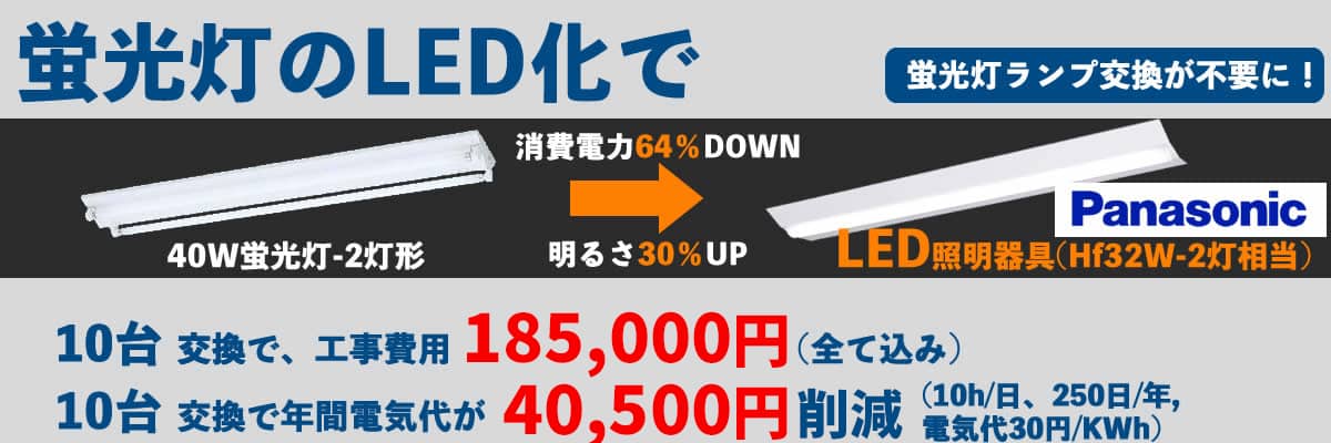 【LED工事】蛍光灯のLED交換費用と電気代削減金額例　工場・店舗・事務所・倉庫